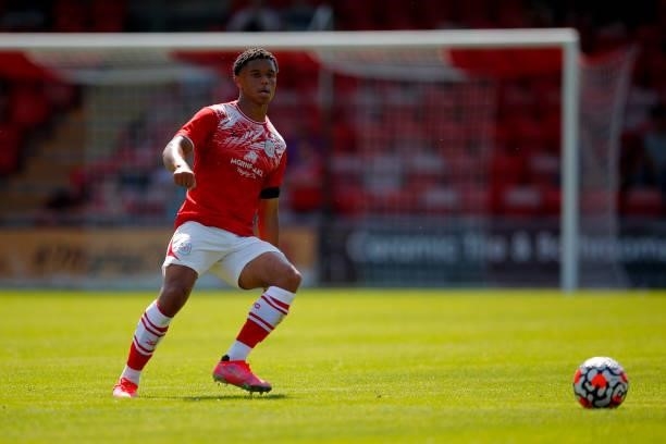 Rio Adebisi of Crewe Alexamdra passes the ball during the pre-season friendly between Crewe Alexandra and Wolverhampton Wanderers at Gresty Road on...