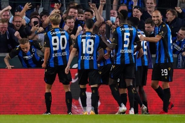 Noa Lang of Club Brugge celebrates after scoring his sides second goal with Charles De Ketelaere of Club Brugge, Federico Ricca of Club Brugge,...
