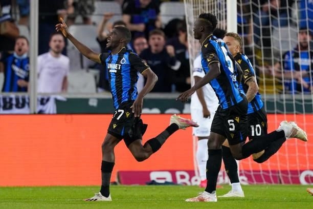 Clinton Mata of Club Brugge celebrates after scoring his sides third goal with Noa Lang of Club Brugge, Federico Ricca of Club Brugge and Odilon...