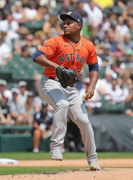 Starting pitcher Framber Valdez of the Houston Astros delivers the ball against the Chicago White Sox at Guaranteed Rate Field on July 18, 2021 in...