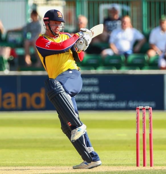 Simon Harmer of Essex Eagles bats during the Vitality T20 Blast match between Essex Eagles and Middlesex at Cloudfm County Ground on July 18, 2021 in...