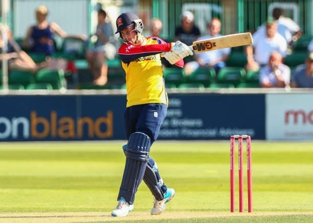 Josh Rymell of Essex Eagles bats during the Vitality T20 Blast match between Essex Eagles and Middlesex at Cloudfm County Ground on July 18, 2021 in...