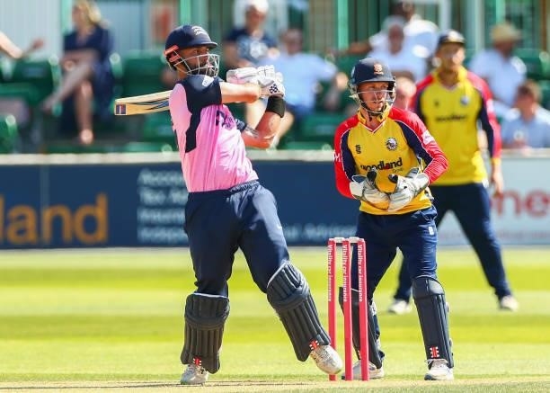 Daryl Mitchell of Middlesex bats during the Vitality T20 Blast match between Essex Eagles and Middlesex at Cloudfm County Ground on July 18, 2021 in...