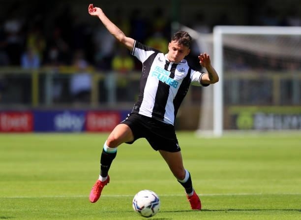 Tom Allan of Newcastle United in action during the Pre-Season Friendly between Harrogate Town vs Newcastle United on July 18, 2021 in Harrogate,...