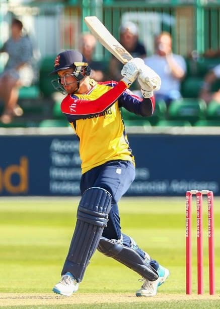 Josh Rymell of Essex Eagles bats during the Vitality T20 Blast match between Essex Eagles and Middlesex at Cloudfm County Ground on July 18, 2021 in...