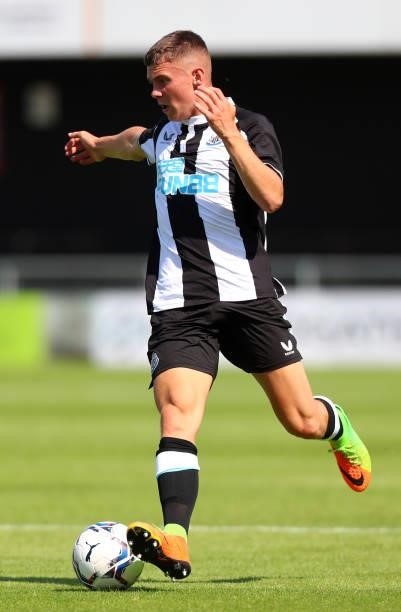 Jamie Miley of Newcastle United controls the ball during the Pre-Season Friendly between Harrogate Town vs Newcastle United on July 18, 2021 in...
