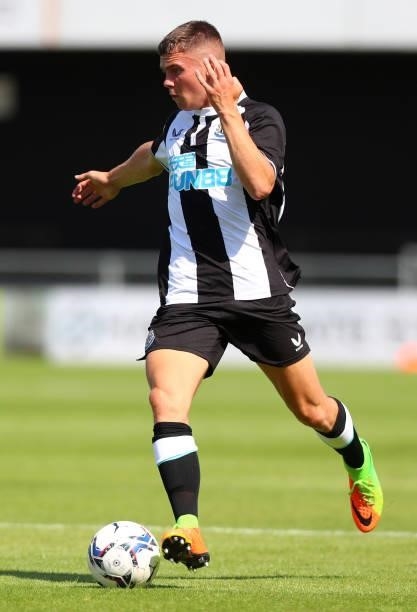 Jamie Miley of Newcastle United controls the ball during the Pre-Season Friendly between Harrogate Town vs Newcastle United on July 18, 2021 in...