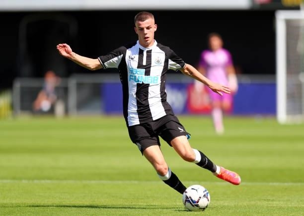 Josh Scott of Newcastle United controls the ball during the Pre-Season Friendly between Harrogate Town vs Newcastle United on July 18, 2021 in...