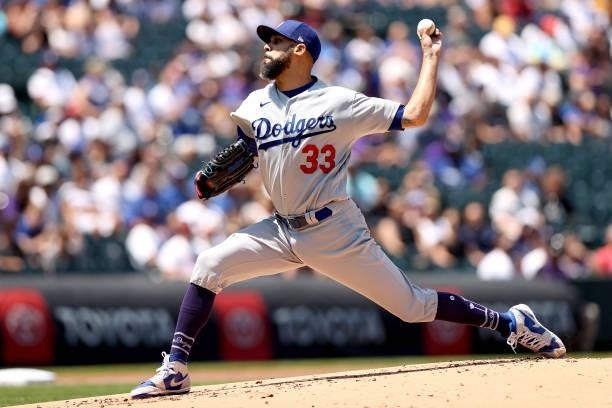Starting pitcher David Price of the Los Angeles Dodgers throws against the Colorado Rockies in the first inning at Coors Field on July 18, 2021 in...