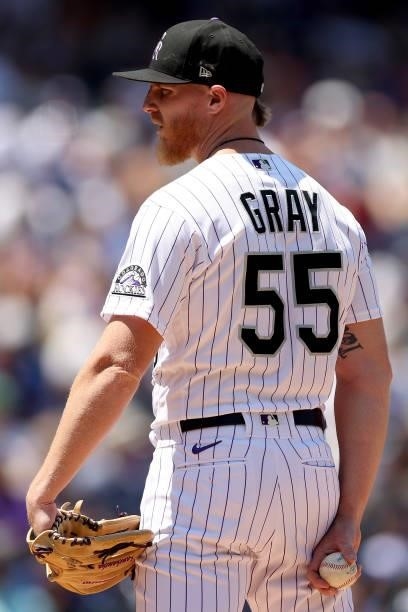 Starting pitcher Jon Gray of the Colorado Rockies throws against the Los Angeles Dodgers in the second inning at Coors Field on July 18, 2021 in...