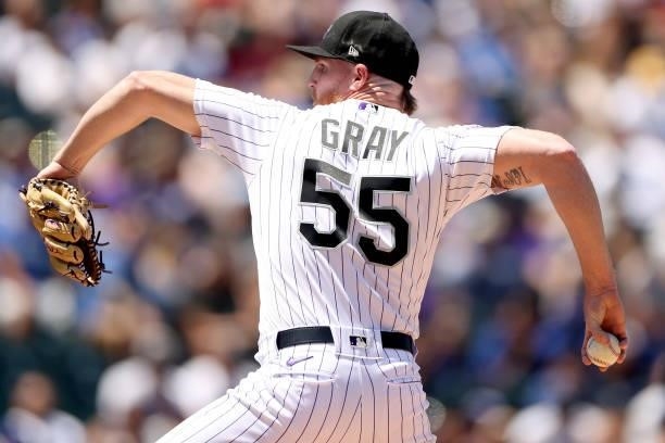 Starting pitcher Jon Gray of the Colorado Rockies throws against the Los Angeles Dodgers in the second inning at Coors Field on July 18, 2021 in...