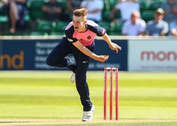Blake Cullen of Middlesex bowls during the Vitality T20 Blast match between Essex Eagles and Middlesex at Cloudfm County Ground on July 18, 2021 in...