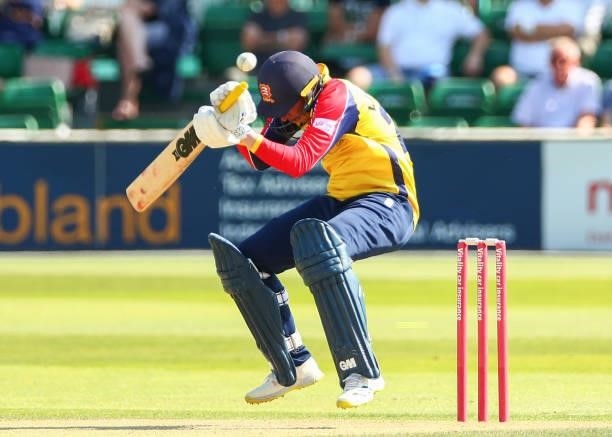 Dan Lawrence of Essex Eagles dodges the ball as he attempts to bat during the Vitality T20 Blast match between Essex Eagles and Middlesex at Cloudfm...