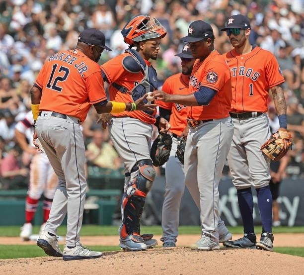 Manager Dusty Baker of the Houston Astros takes starting pitcher Framber Valdez out of the game against the Chicago White Sox in the 7th inning at...