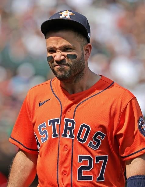 Jose Altuve of the Houston Astros reacts as he leaves the field after the 7th inning against the Chicago White Sox at Guaranteed Rate Field on July...