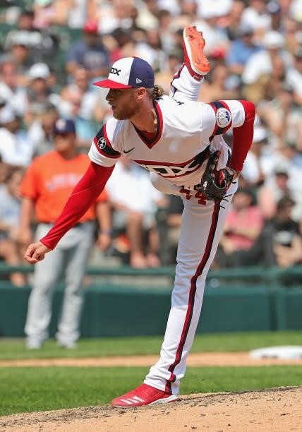 Michael Kopech of the Chicago White Sox pitches the 8th inning against the Houston Astros at Guaranteed Rate Field on July 18, 2021 in Chicago,...