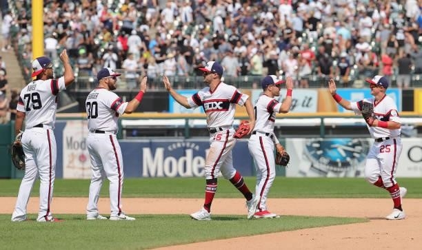 Members of the Chicago White Sox celebrate a win over the Houston Astros at Guaranteed Rate Field on July 18, 2021 in Chicago, Illinois. The White...