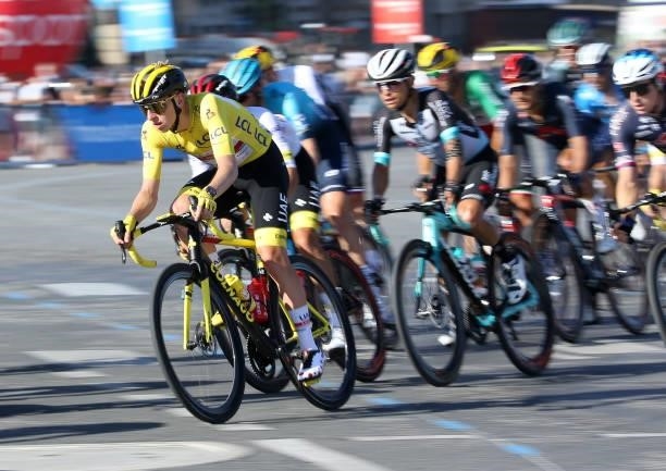Race Leader's Yellow Jersey Tadej Pogacar of Slovenia and UAE Team Emirates during final stage 21 of the 108th Tour de France 2021, a flat stage of...
