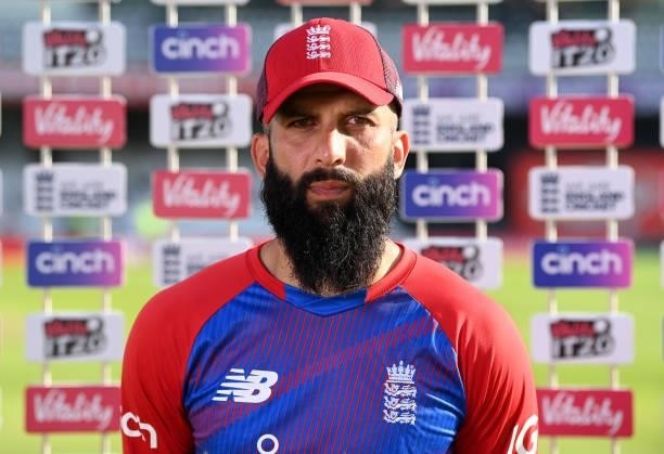 Moeen Ali of England is interviewed after the Second Vitality International T20 match between England and Pakistan at Emerald Headingley Stadium on...