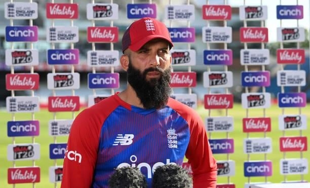 Moeen Ali of England is interviewed after the Second Vitality International T20 match between England and Pakistan at Emerald Headingley Stadium on...