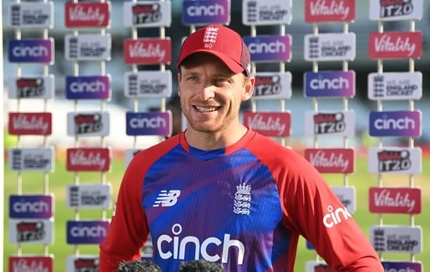 Jos Buttler of England is interviewed after the Second Vitality International T20 match between England and Pakistan at Emerald Headingley Stadium on...