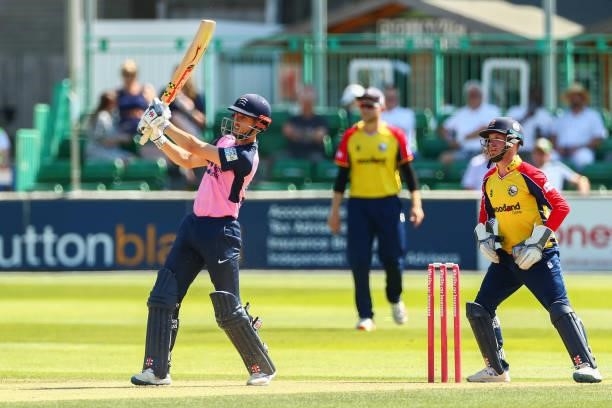 John Simpson of Middlesex bats during the Vitality T20 Blast match between Essex Eagles and Middlesex at Cloudfm County Ground on July 18, 2021 in...
