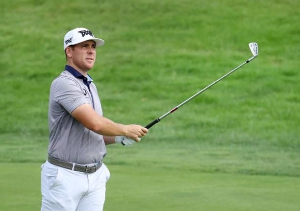 Luke List plays his second shot on the 11th hole during the final round of the Barbasol Championship at Keene Trace Golf Club on July 18, 2021 in...