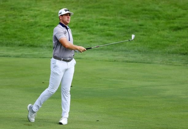 Luke List plays his second shot on the 11th hole during the final round of the Barbasol Championship at Keene Trace Golf Club on July 18, 2021 in...