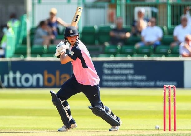 Luke Hollman of Middlesex bats during the Vitality T20 Blast match between Essex Eagles and Middlesex at Cloudfm County Ground on July 18, 2021 in...