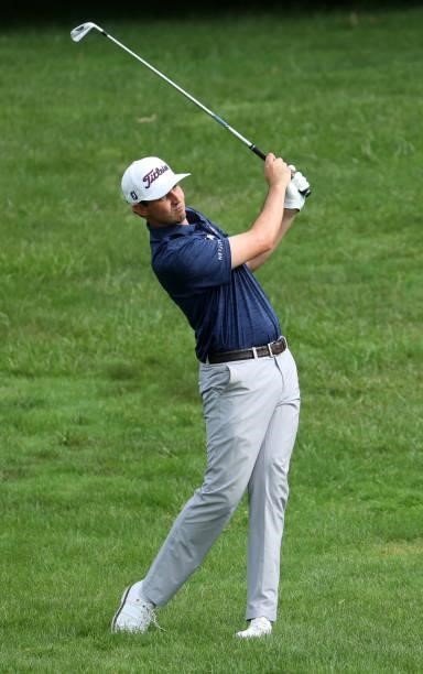 Poston plays his second shot on the 11th hole during the final round of the Barbasol Championship at Keene Trace Golf Club on July 18, 2021 in...
