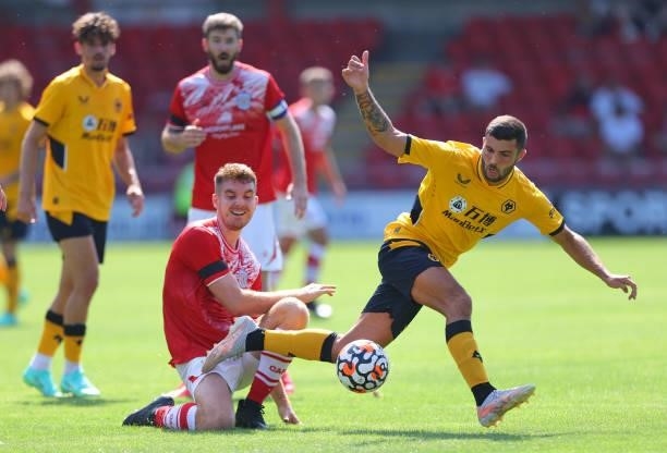 Patrick Cutrone of Wolverhampton Wanderers battles for the ball during the Pre-Season friendly match between Crewe Alexandra and Wolverhampton...