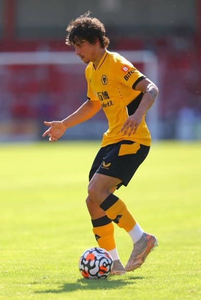 Hugo Bueno of Wolverhampton Wanderers runs with the ball during the Pre-Season friendly match between Crewe Alexandra and Wolverhampton Wanderers at...