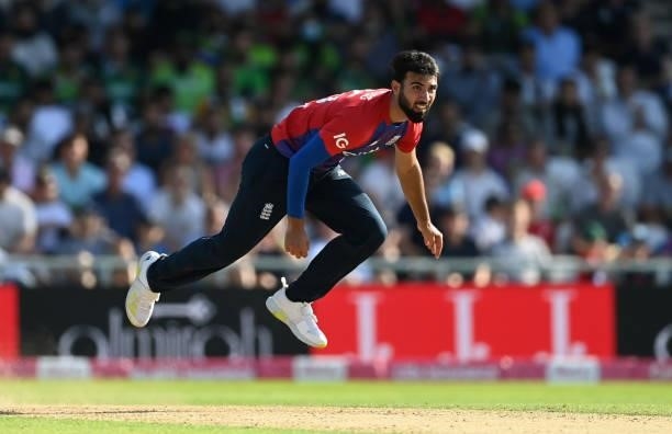 Saqib Mahmood of England bowls during the Second Vitality International T20 match between England and Pakistan at Emerald Headingley Stadium on July...