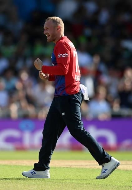 Matt Parkinson of England celebrates dismissing Azam Khan of Pakistan during the Second Vitality International T20 match between England and Pakistan...