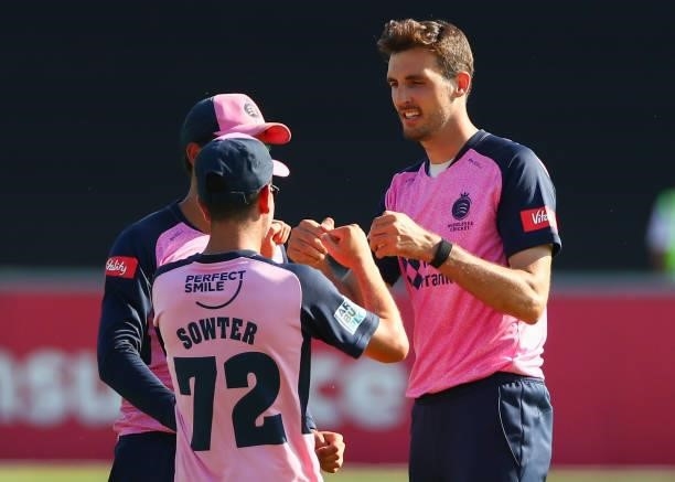 Steven Finn of Middlesex celebrates with Nathan Sowter of Middlesex after catching out Paul Walter of Essex Eagles during the Vitality T20 Blast...