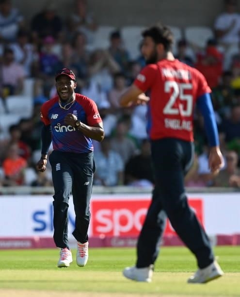 Chris Jordan of England celebrates catching out Shaheen Shah Afridi of Pakistan during the Second Vitality International T20 match between England...