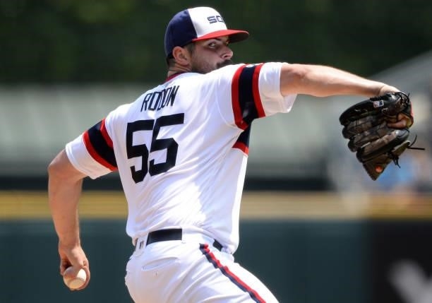Carlos Rodon of the Chicago White Sox pitches against the Houston Astros on July 18, 2021 at Guaranteed Rate Field in Chicago, Illinois. Rodon...