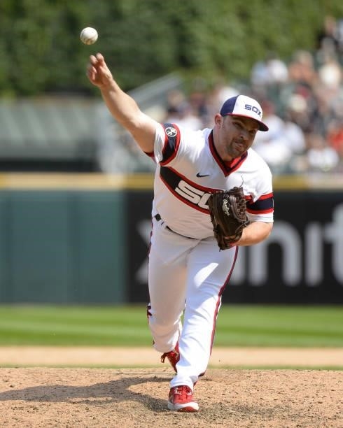 Liam Hendriks of the Chicago White Sox pitches against the Houston Astros on July 18, 2021 at Guaranteed Rate Field in Chicago, Illinois. The White...
