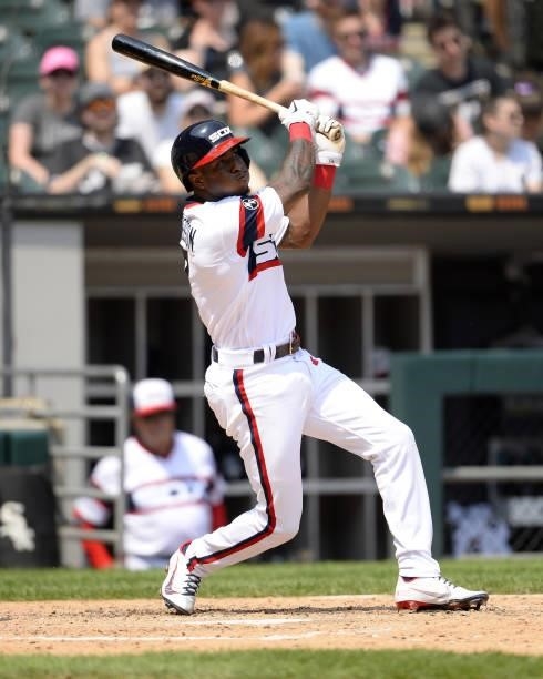 Tim Anderson of the Chicago White Sox hits a home run in the fifth inning against the Houston Astros on July 18, 2021 at Guaranteed Rate Field in...
