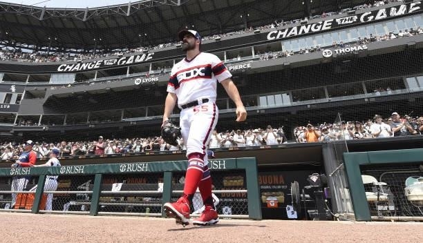 Carlos Rodon of the Chicago White Sox walks onto the field to start the game against the Houston Astros on July 18, 2021 at Guaranteed Rate Field in...