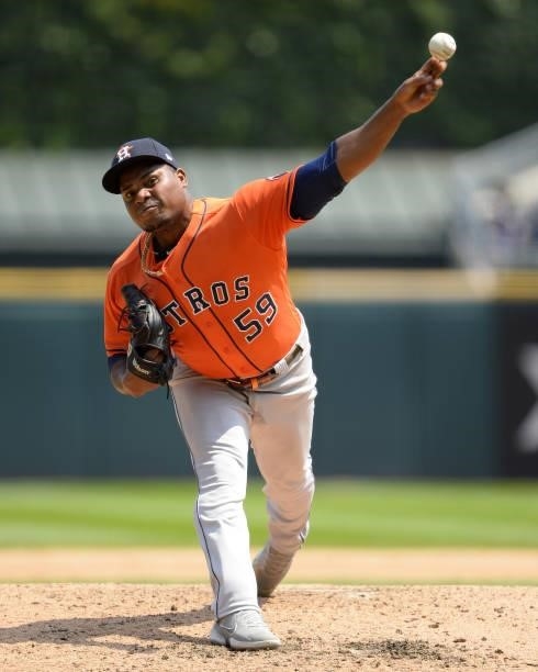Framber Valdez of the Houston Astros pitches against the Chicago White Sox on July 18, 2021 at Guaranteed Rate Field in Chicago, Illinois. The White...