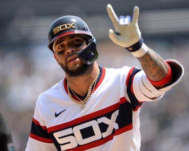 Yoan Moncada of the Chicago White Sox reacts after hitting a home run in the fourth inning against the Houston Astros on July 18, 2021 at Guaranteed...