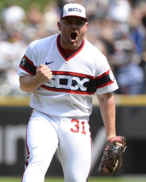 Liam Hendriks of the Chicago White Sox reacts after recording the final out of the game against the Houston Astros on July 18, 2021 at Guaranteed...