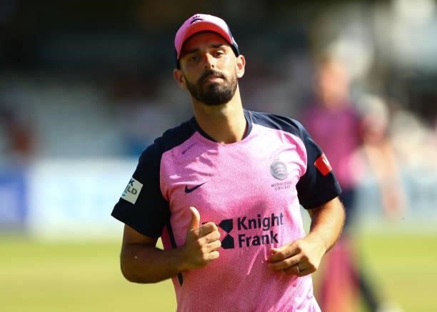 Daryl Mitchell of Middlesex looks on during the Vitality T20 Blast match between Essex Eagles and Middlesex at Cloudfm County Ground on July 18, 2021...