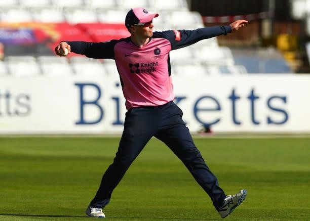 Sam Robson of Middlesex throws the ball during the Vitality T20 Blast match between Essex Eagles and Middlesex at Cloudfm County Ground on July 18,...