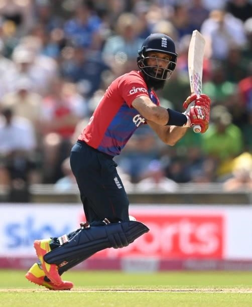 Moeen Ali of England bats during the 2nd Vitality T20 International between England and Pakistan at Emerald Headingley Stadium on July 18, 2021 in...