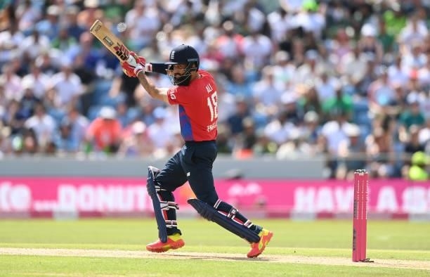 Moeen Ali of England bats during the 2nd Vitality T20 International between England and Pakistan at Emerald Headingley Stadium on July 18, 2021 in...