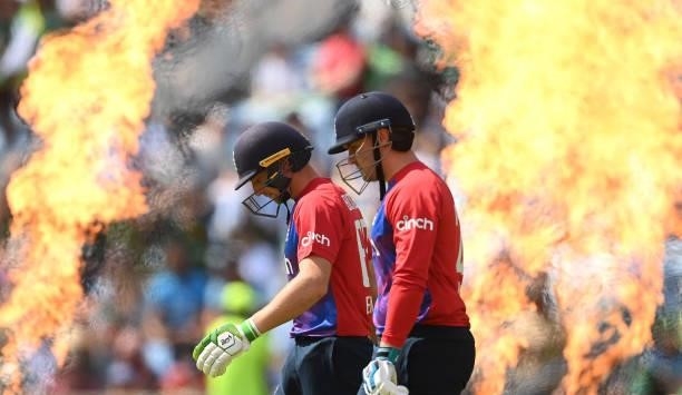 Jos Buttler and Jason Roy of England come out to bat before the 2nd Vitality T20 International between England and Pakistan at Emerald Headingley...