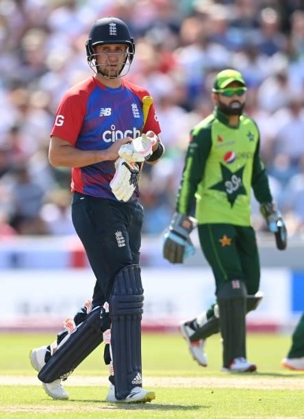 Liam Livingstone of England leaves the field after being run out during the 2nd Vitality T20 International between England and Pakistan at Emerald...