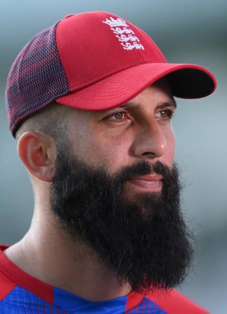 Moeen Ali of England is interviewed during the 2nd Vitality T20 International between England and Pakistan at Emerald Headingley Stadium on July 18,...